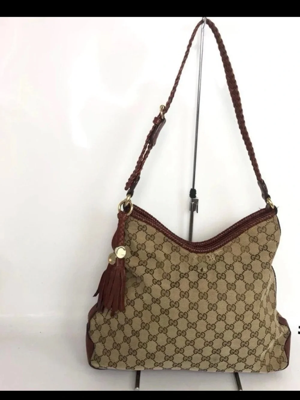 Gucci Beige Monogram Hobo with Brown Leather Trim and Tassel